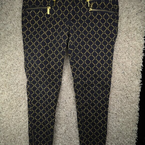Michael Kors Size 8 Womens Pants Yellow Black Chain Print Zip Pockets Cotton - Picture 1 of 16